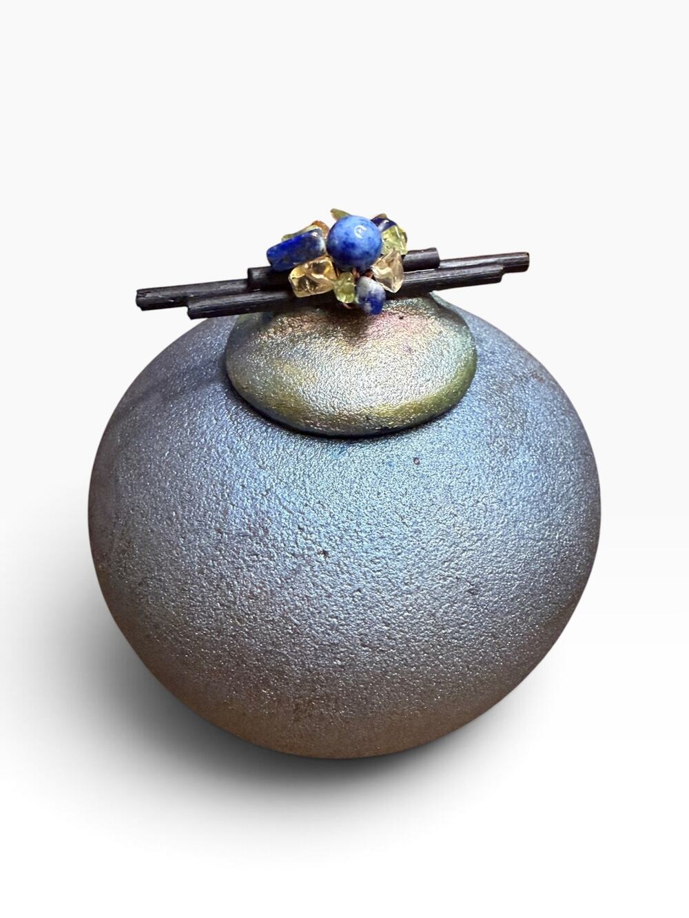 Jeremy Diller Raku Pottery Mini Dream Jar Signed Studio Art Vessel Gemstones 3"